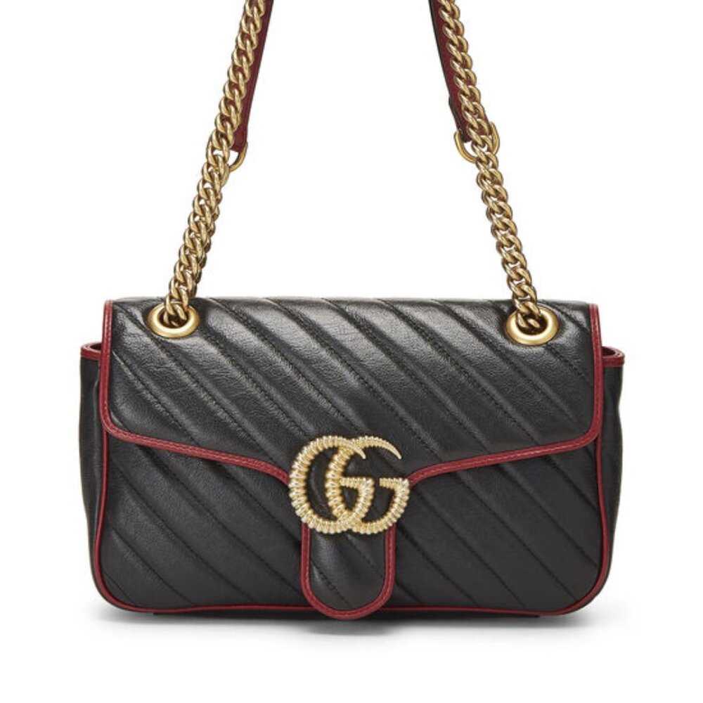 Vintage GUCCI GG Marmont Matelasse Leather Shoulder Bag Black/Red 443497